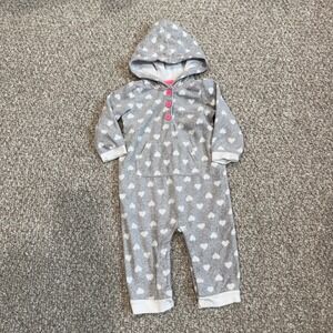 Carters Baby Girl Grey Heart Fleece Hooded Romper One Piece Size 12 Months